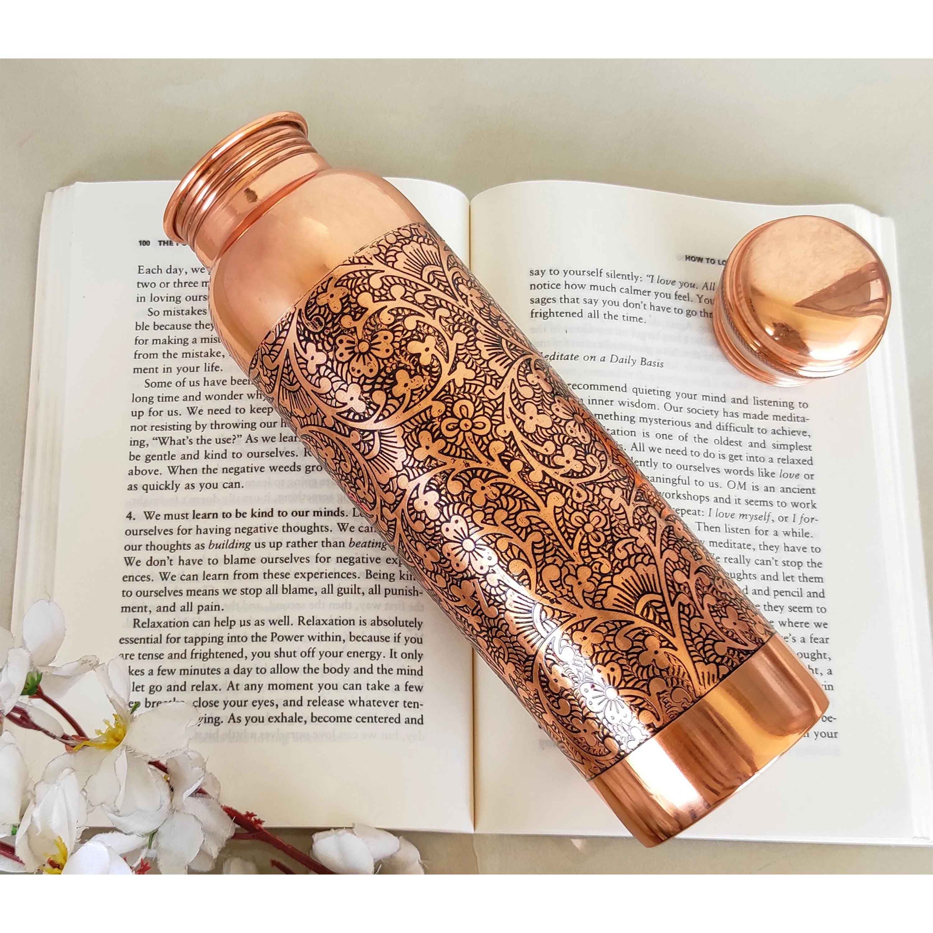 Pure copper water bottle with embossed design, copper embossed - 900 ML 133